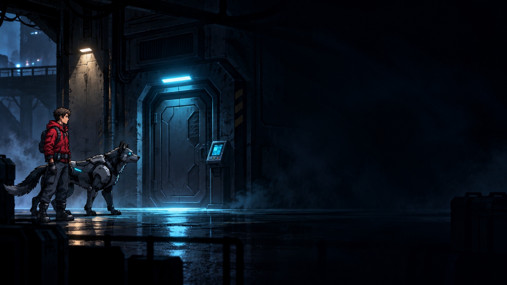 An engineer in a red hoodie stands beside the robotic wolf WOLF in a blue-lit research corridor.